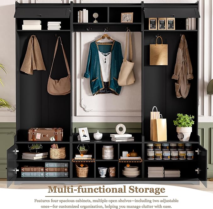 79.1''Wide Modern Hall Tree with Shoe Storage and 7 Coat Hooks, 4-in-1 Entryway Bench with 8 Cubbies and Adjustable Shelf for Hallway, Living Room (Black/78)