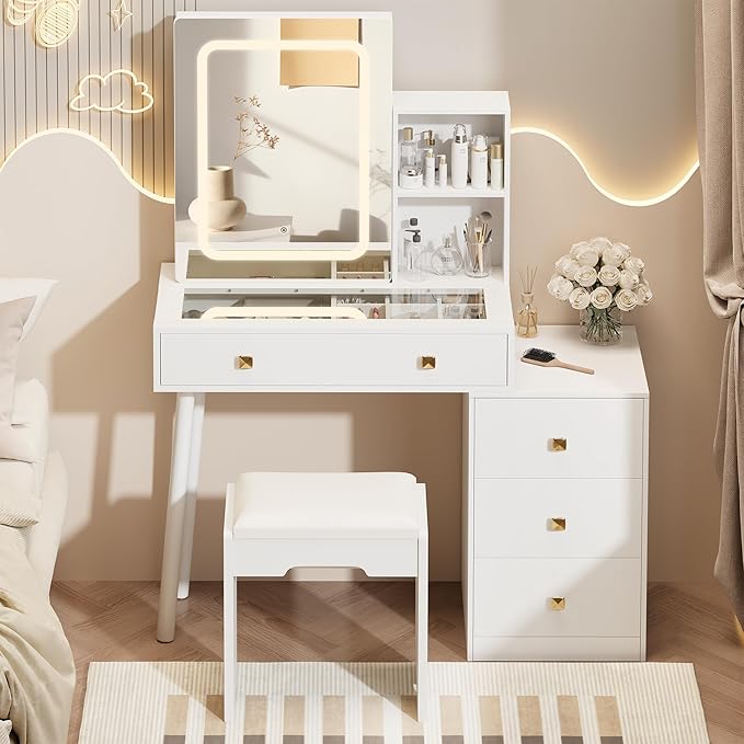 NUNU LAB Makeup Vanity Desk with Mirror and Lights Set, White Vanity Table with Glass Top and 3 Lighting Modes, Vanitys Desk with Stool, 5 Drawers for Bedroom Girls
