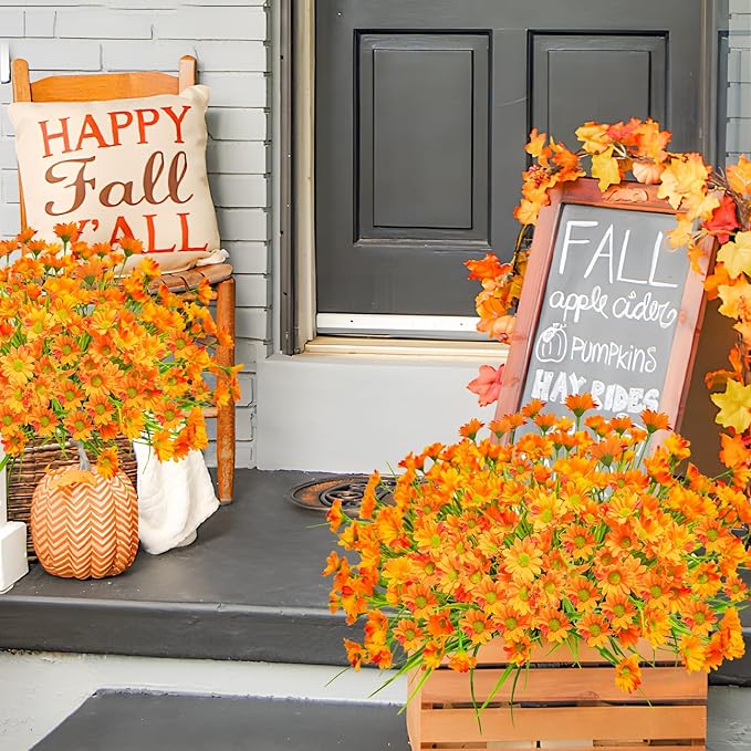 Uieke 24 Bundles Artificial Flowers for Outdoors - UV Resistant Fake Daisy Mums Faux Fall Flowers No Fade for Home Garden Patio Autumn Decor - Orange Yellow