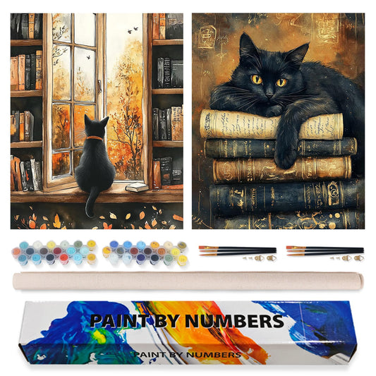 Possoco 2 Pack Paint by Numbers Kit for Adults Beginner, Black Cat Adult Paint by Number Kits on Canvas, DIY Acrylic Vintage Books Number Painting for Adults for Home Decor Gift 16x20 Inch