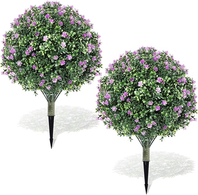 Yunlly Set of 2 Artificial Boxwood Topiary Ball Tree Fake Bushes Shrubs Outdoor Faux Plant with Ground Spike Flowers UV Resistance Greenery for Front Porch Garden Patio Indoor(Light Purple,27x18inch)