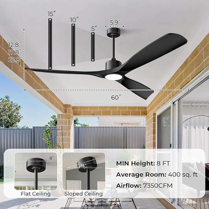 60" Smart Ceiling Fan with Lights,Outdoor Ceiling Fan 3 Blade,Compatible with Alexa/Gg/App/Remote,3-Color Light 6-Speed Quiet Reversible DC Motor for Patio,Black