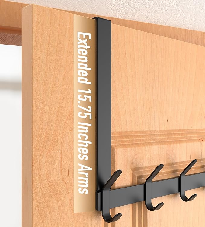 Long Over The Door Hooks Hanger with 15.75" Arms for Easier Access by Shorter, J16U, Perfectly Fits US Standard 1 3/8-inch Doors, Towel Rack Bathroom Organizer Holder, Rustproof, Black