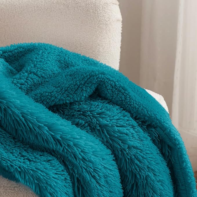 Bedsure GentleSoft Fuzzy Sherpa Faux Fur Twin Blanket Teal Cozy Gifts for Women Men, Soft Fleece Plush Warm Minky Thick Blanket Twin Size for Bed, Couch, Room Dorm Essentials Teal Decor Gifts, 60x80