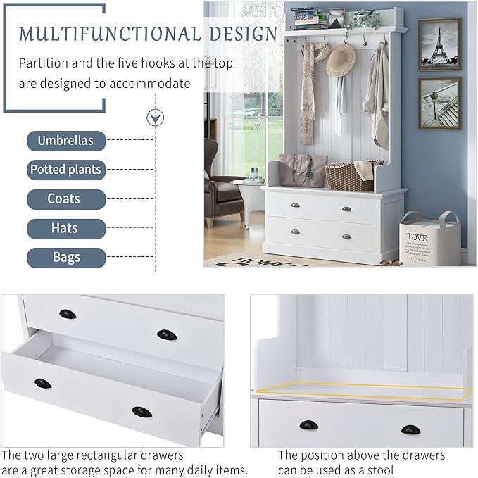 RUNNA Wooden 38.5" Wide Hall Tree with Coat Rack and 2 Large Drawers,Bench,5 Metal Hooks and Handles,For Livingroom Hallway Entryway Use (White@Drawers)