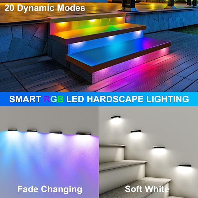 ASLONG 8PCS 7 inch RGB LED Hardscape Lighting, Retaining Wall Lights RGB Color Changing & Warm White, Low Voltage LED Landscape Paver Lights Waterproof Outdoor Step Lights for Steps Sidewalk