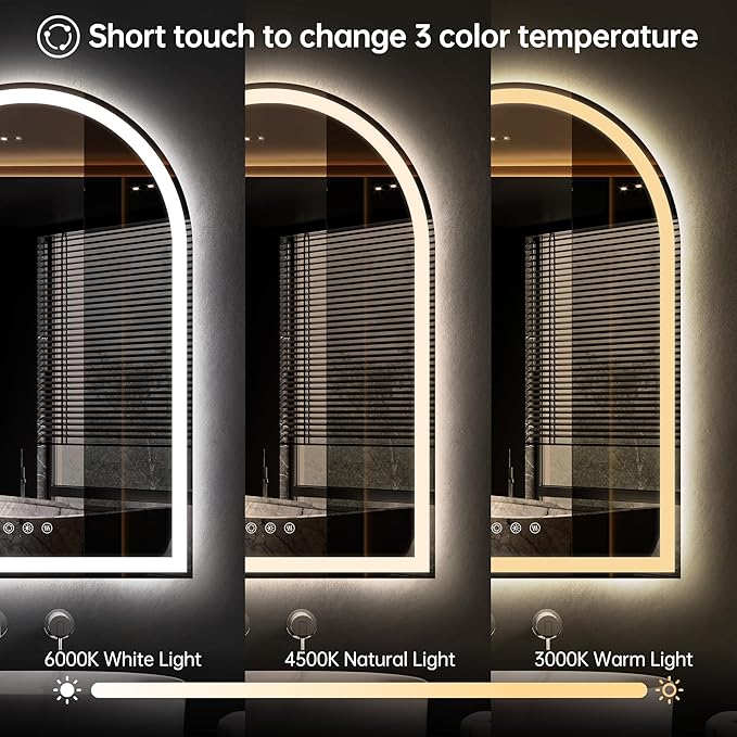 Arched LED Mirror for Bathroom 24"x36"- Frameless Lighted Bathroom Mirror with Lights, Fogless, Dimmable, 3 Color Changing, Shatterproof, Touch Sensor