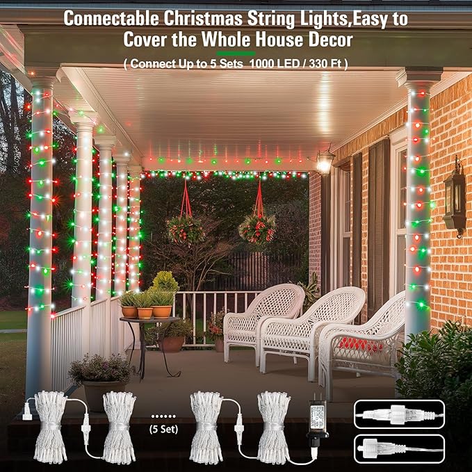 JMEXSUSS 200 LED Red White and Green Christmas Lights Outdoor, 66ft String Lights Indoor Clear Wire, Christmas Tree Lights Plug in for Bedroom Tree Christmas Party Decorations