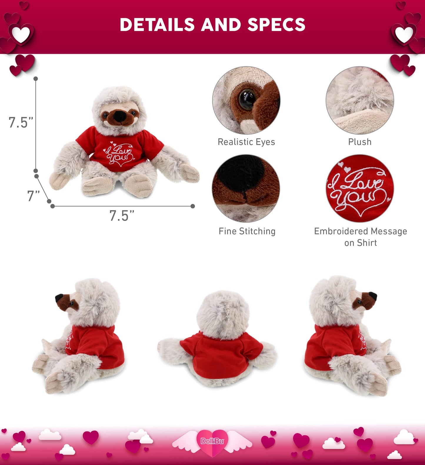 DolliBu Valentine Sloth Stuffed Animal with I Love You Red Shirt - Cute Plush Stuffed Animal Sloth Gifts with Name Personalization for Valentines Day, Birthday, Anniversary, Romantic Date - 7.5 Inches
