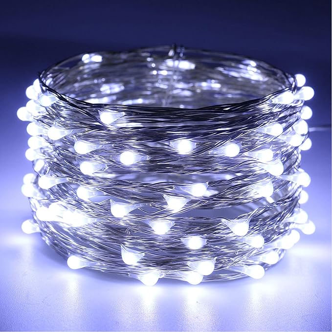 RUICHEN Silver Wire Fairy Lights Plug in 33 Ft 100 LED String with Spool, Cool White
