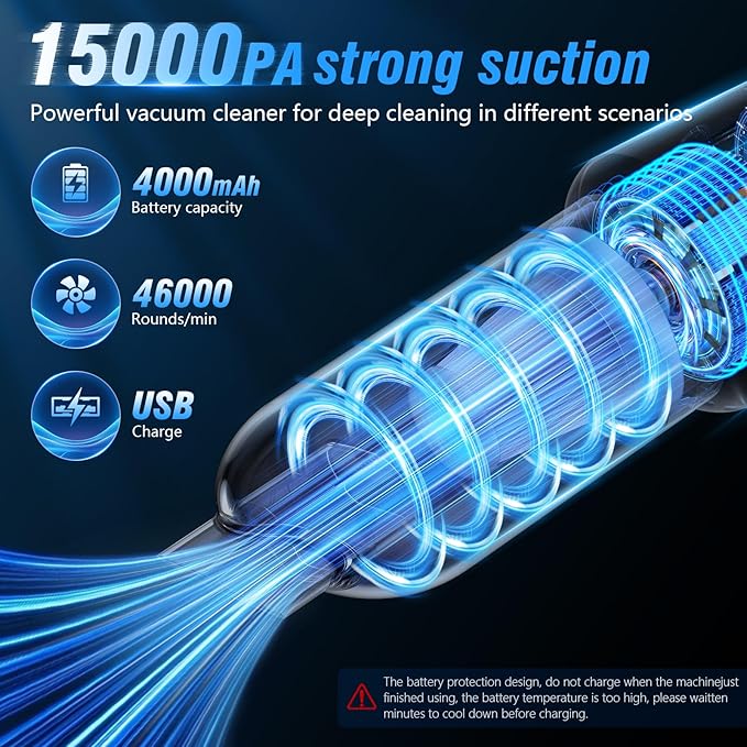 Handheld Car Vacuum - 15000Pa Cordless Wet/Dry, 120W High Power with Complete Accessory Kit for Cars, Pet Hair, Home & Office
