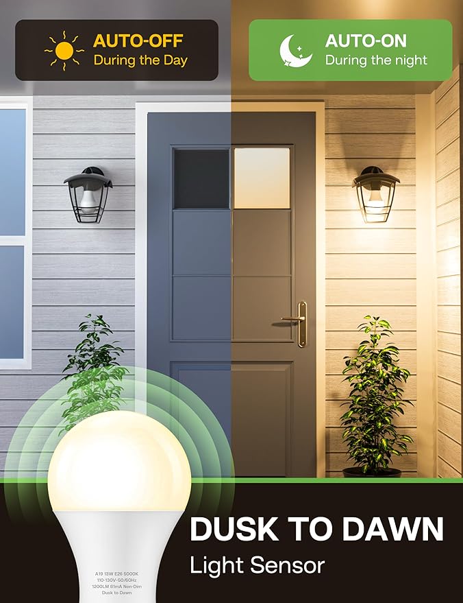 Dusk to Dawn Sensor LED Outdoor Light Bulb, Warm White 3000K, A19 13W(100 Watt Equivalent) Bright Porch Lighting, 1200LM, Auto-On/Off Photocell Sensor for Garage Yard Patio Garden-4 Pack