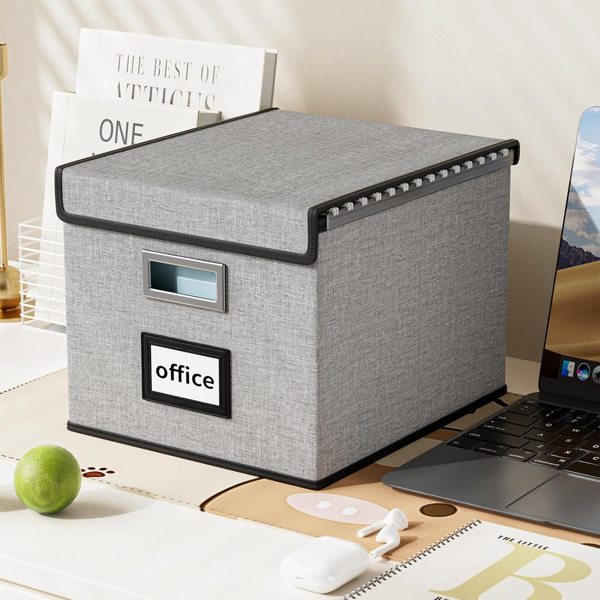 Huolewa Collapsible File Storage Organizer Boxes with Lids, Portable Large Linen Hanging Filing Storage Boxes, Decorative Home/Office Filling System for File and Folder Storage (Grey)-2 Pack