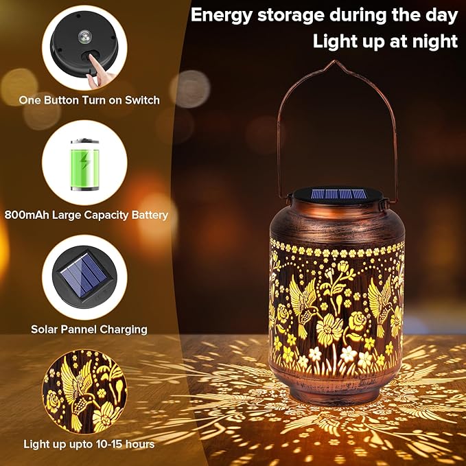 Solar Lanterns Outdoor Waterproof - Hummingbird Solar Lights for Garden, Hanging Metal Lantern Decor for Patio, Yard - Christmas Mothers Day Gifts for Women, Mom, Grandma (Hummingbird, 2)