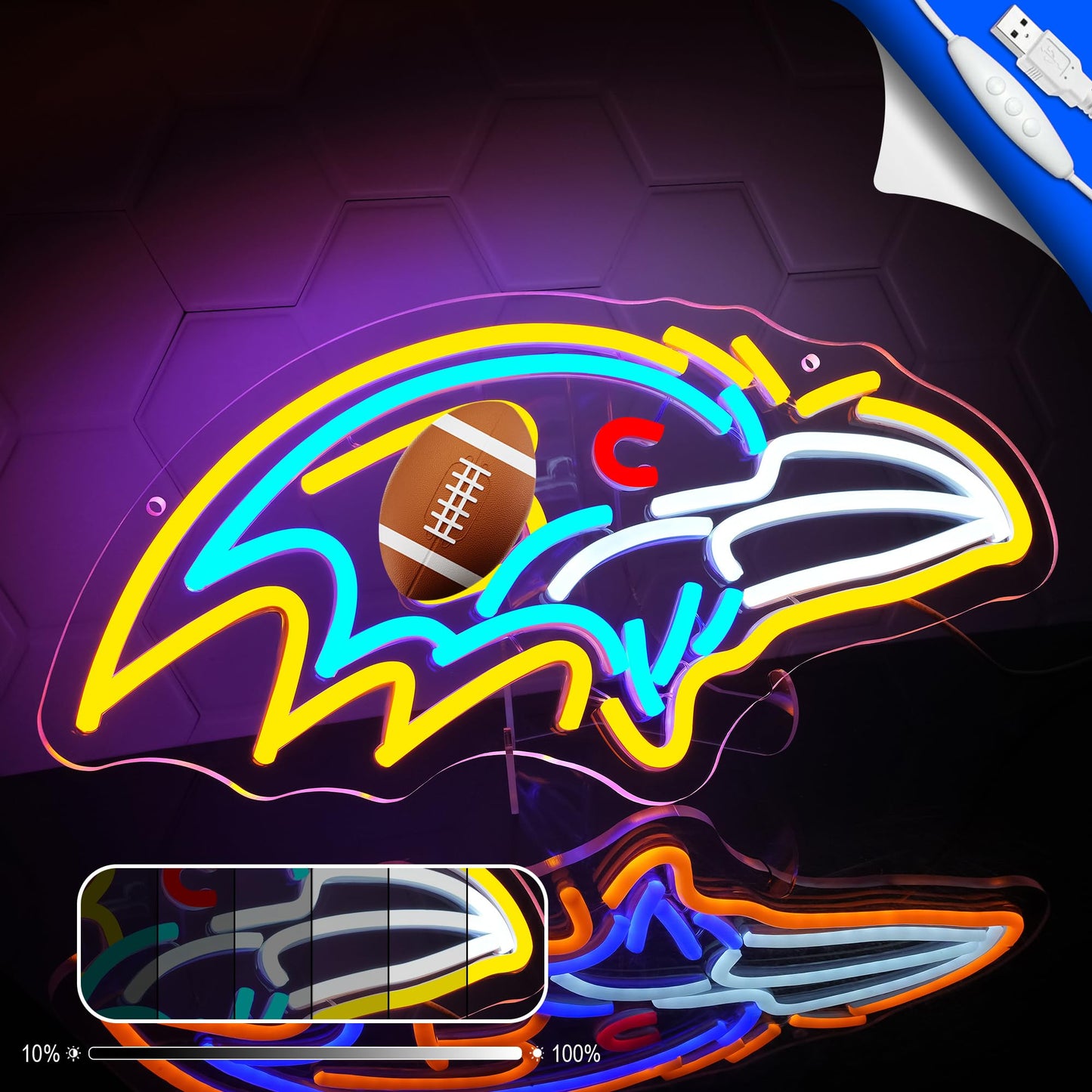 Football Neon Sign for Wall Decor - Team Merch Neon Acrylic USB Powered LED Wall Art Decor, Light Up Sign Dimmable, for Man Cave Game Room Bedroom Bar Club Party Fans 15.98" × 8.03"""