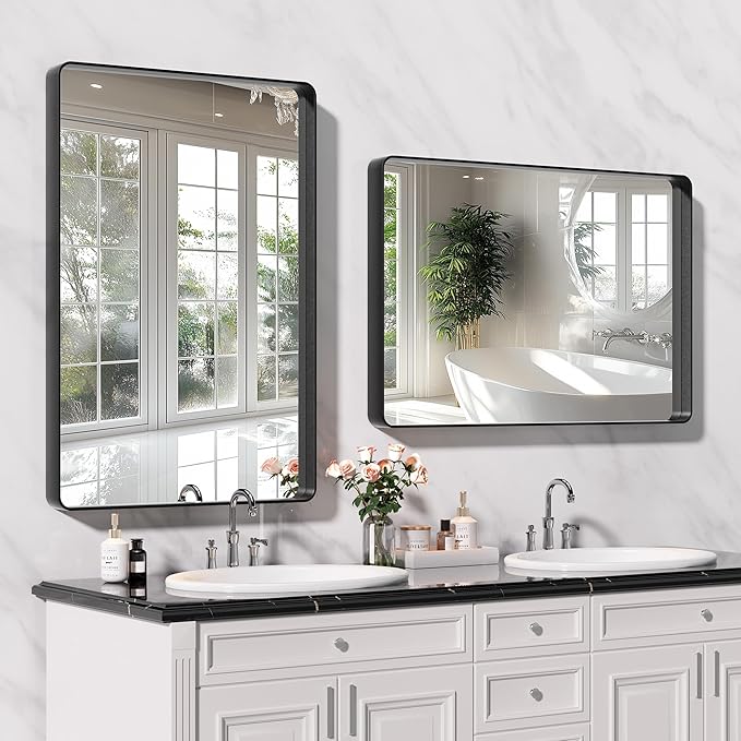 Hasipu 2 PCS Bathroom Mirror for Wall, 36 x 24 Inch Black Metal Framed Bathroom Mirrors for Over Sink, Rectangle Bathroom Vanity Mirror, Anti-Rust, Tempered Glass, Horizontal or Vertical