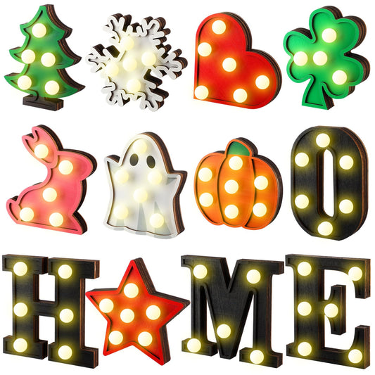 Aurelema Interchangeable Home Table Signs with 8 Pcs Seasonal Icons Wooden "home"" Letter Signs with LED Marquee Light up 4th of July Table Decorations Decorative Centerpiece for Room Decoration"