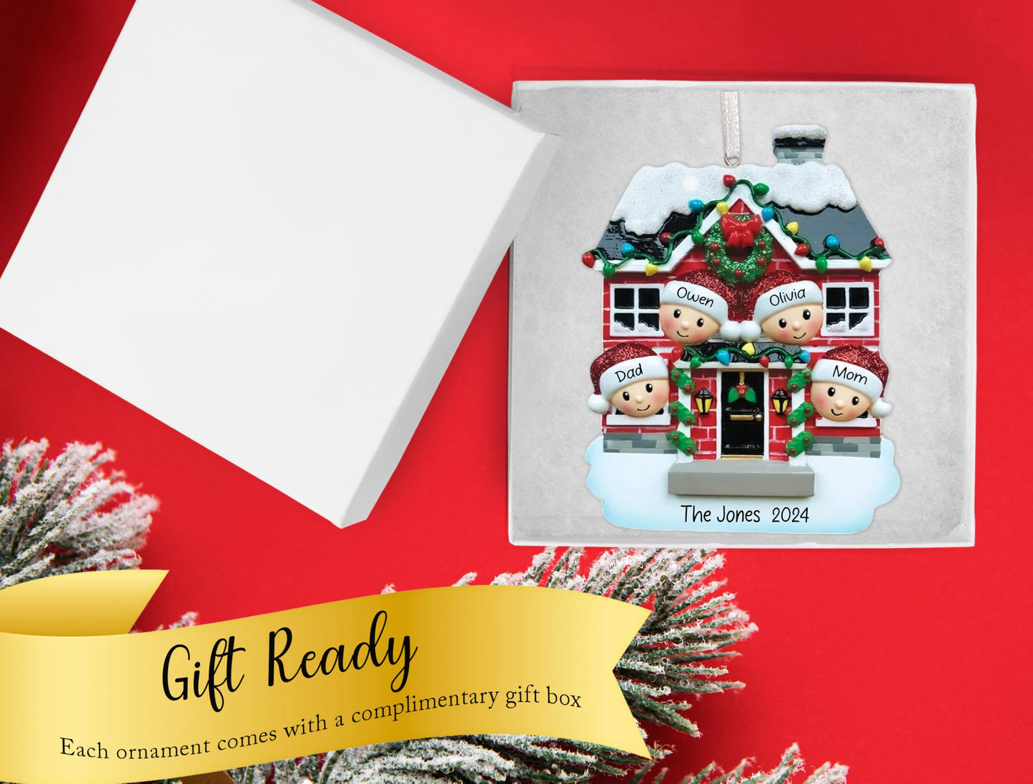 UniqXmas Personalized Christmas House Family of 4 Ornament 2025 | Customized Xmas Tree Decoration with Name & Year | First Christmas in New Home, Our 1st House, Family of Four Custom Keepsake Gift