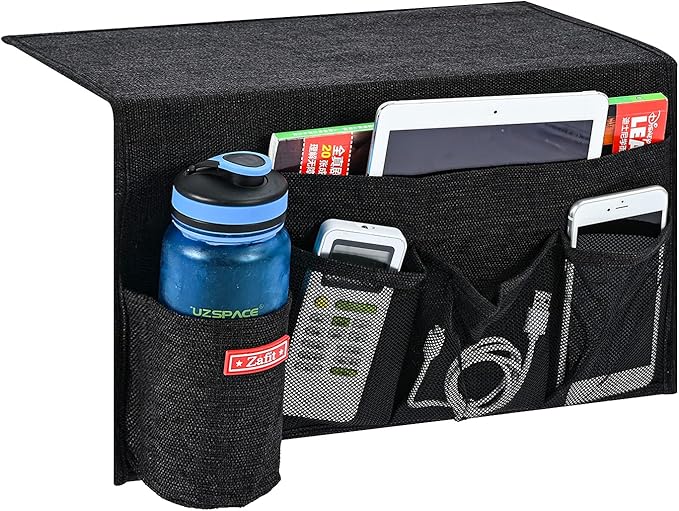 Linen 5 Pockets Bedside Caddy, Bedside Storage Organizer with Water Bottle Holder for Magazine, Remotes, Phone (Black)