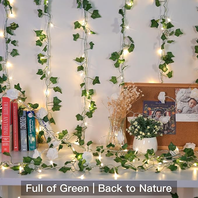 suddus Vine with Fairy Lights Plug in, 33ft 100 LED Ivy String Lights Connectable with Remote, Leaf Light for Bedroom, Room, Wall, Garden, Party, Wedding Decor (Warm White)