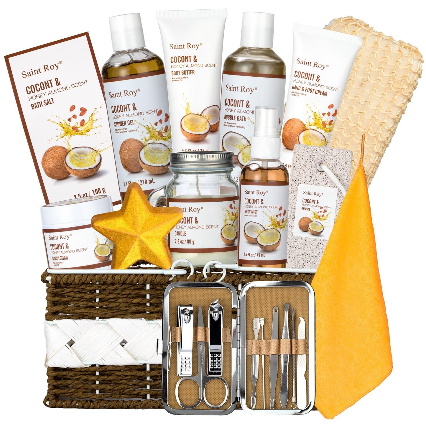 Spa Gift Basket Luxury Bath and Body Basket Set 17-Piece Coconut Honey Almond for Women for Mom for Her Pampering Large Luxury Home Spa Kit, Relaxing Self Care Pamper Gifts Birthday Bridal Shower Bath