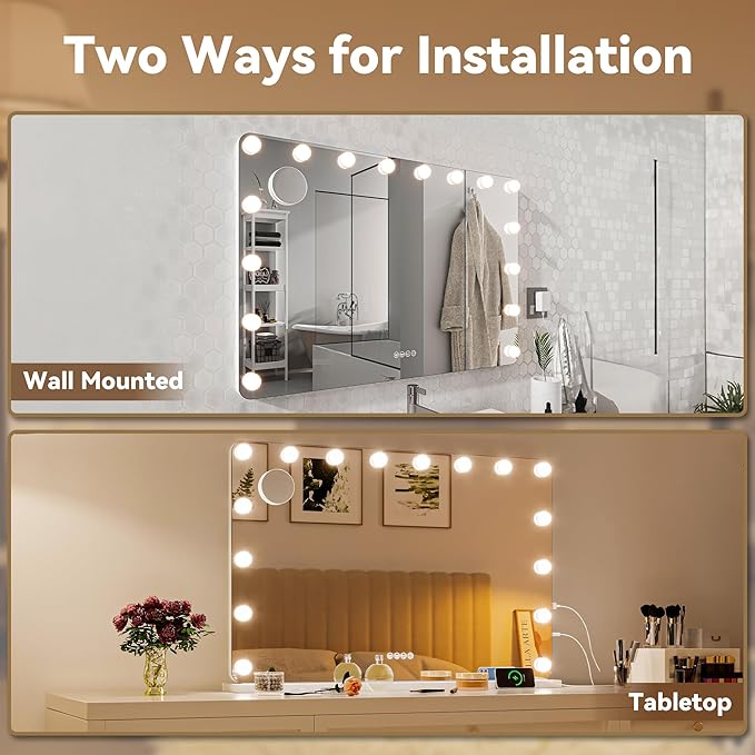 Hasipu LED Makeup Mirror with Bluetooth Speaker, 47" x 35" Makeup Mirror with Lights and Magnification, Hollywood Mirror with 3 Color Modes, LED Make up Mirror with USB & Type-C Charging