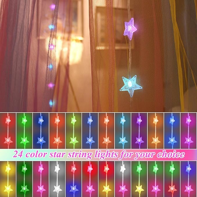 Obrecis Rainbow Bed Canopy for Girls, Princess Canopy Bed Curtains with 24 Colors Star Lights,Twin Bed Canopy Fits Single, Twin, Full, Queen Size Kids Bed