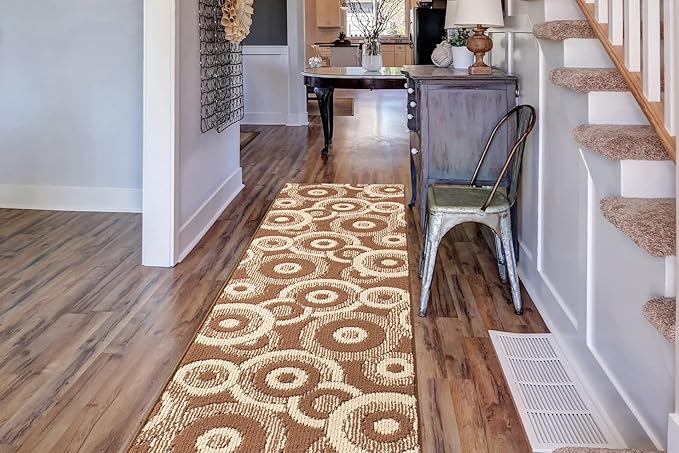 Custom Length Cut to Size Modern Farmhouse Carpet Runner Rug for Hallways, Non Slip Rubber Backed, 31 inch Wide X Customized Length, Geo Brown, 31 inch X 17 feet