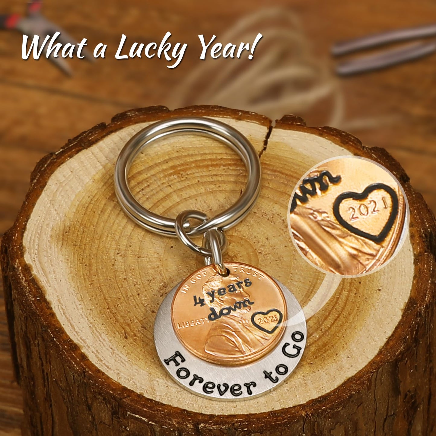 HRMYUDI 4 Years Anniversary Copper Gift for Man Woman, Coin Keychain with a 2021 Penny, 4 Years Down and Forever To Go, Fourth Silk Wedding Anniversary Copper Gift for Him Her