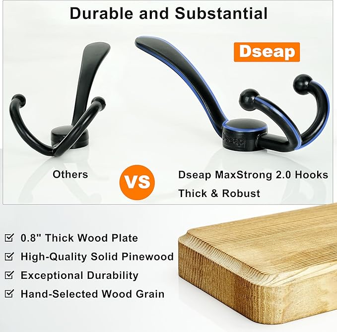 Dseap Coat Rack Wall Mount - Heavy-Duty Robust Barnwood-Style Wooden Wall Coat Hanger Hook Rail with 5 Triple Hooks for Winter Coats Hat Jacket Clothing, Weathered Brown & Black