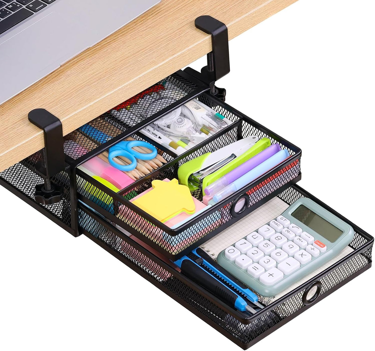 2-Tier Clamp-On Mesh Organizer, Under Desk Storage with Slide-Out Tray, No Drilling Tool-Free Installation, Durable Rust-Resistant Metal, Large-Capacity Organizer.
