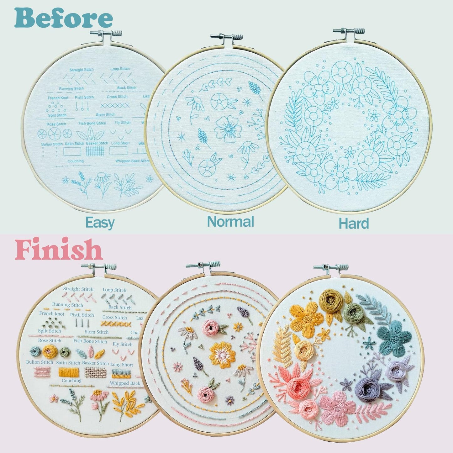 Embroidery Kit,3 Pack Embroidery Kit for Beginners With Step by Step Learn 22 Different Stitches from Instruction & Video,Stamped Embroidery Patterns,Hand Embroidery Kit for Adult, Stitches Kit