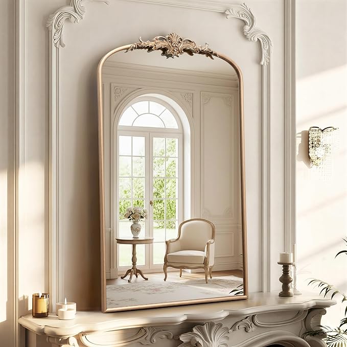 Besdomus Vintage Gold Wall Mirror: 24"x42" Large Arch Champagne Gold Antique Wall Mounted Mirror - Traditional Ornate Home Decor for Entryway/Fireplace/Bathroom - Baroque Idea for Housewife
