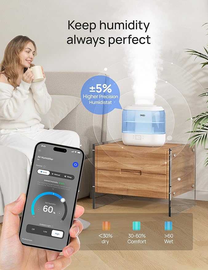 Humidifiers for Bedroom - DREO Quiet (4L Water Tank) Cool Mist Top Fill Essential Oil Diffuser for Home, Smart App & Voice Control, Rapid Ultrasonic Humidification Baby Nursery and Plants, Blue