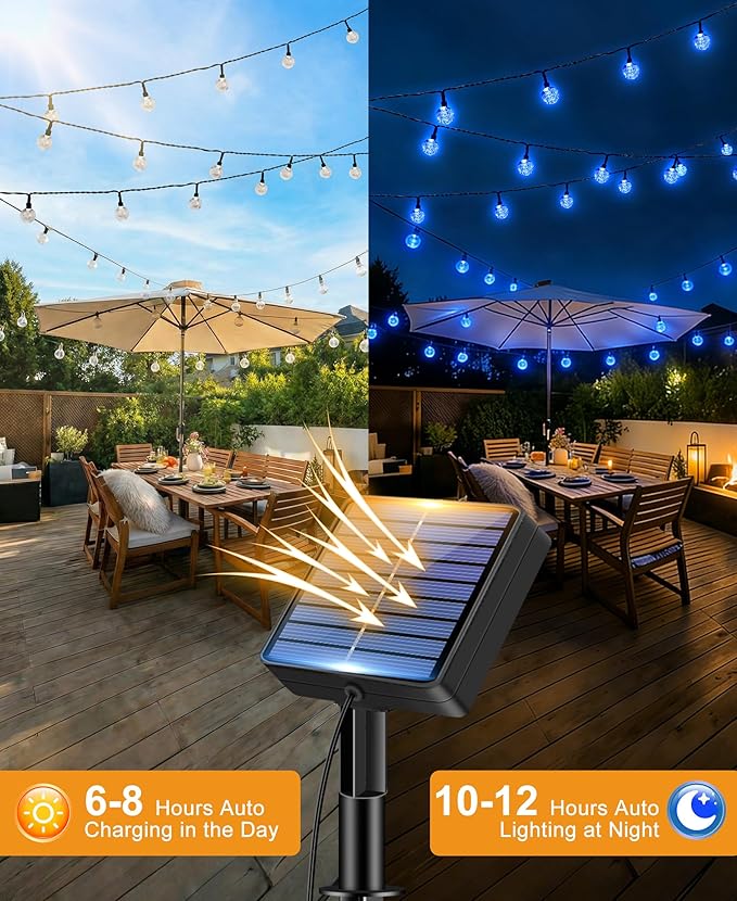 btfarm 2 Pack Solar String Lights Outdoor Waterproof, Total 98 FT 100 LED Solar Powered Patio Light, 8 Lighting Modes Crystal Globe Decoration for Garden Balcony Porch Yard Party, Blue
