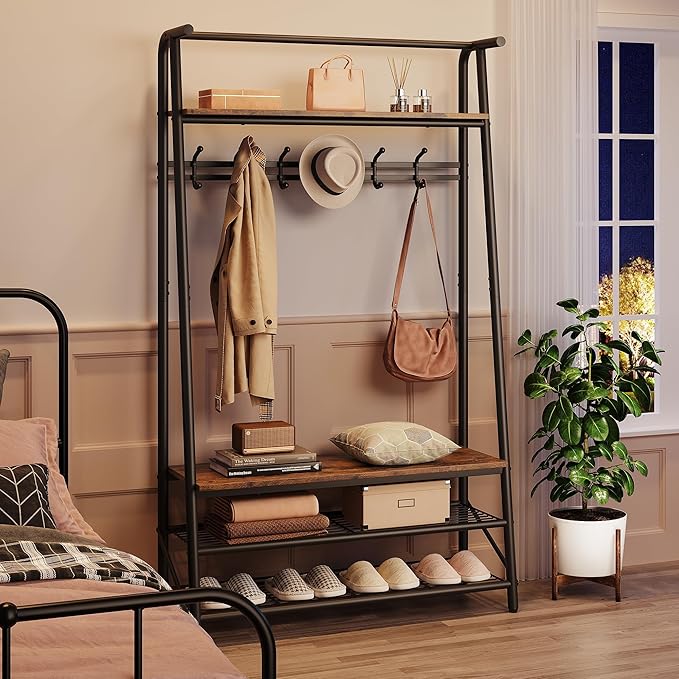 Coat Rack, Floorstanding Hall Tree with Shoe Rack, Wooden and Metal Coat Stand, Industrial Clothes Rack, for Hallway, Living Room, Bedroom, 39.4''x14''x72.5'', Rustic Brown