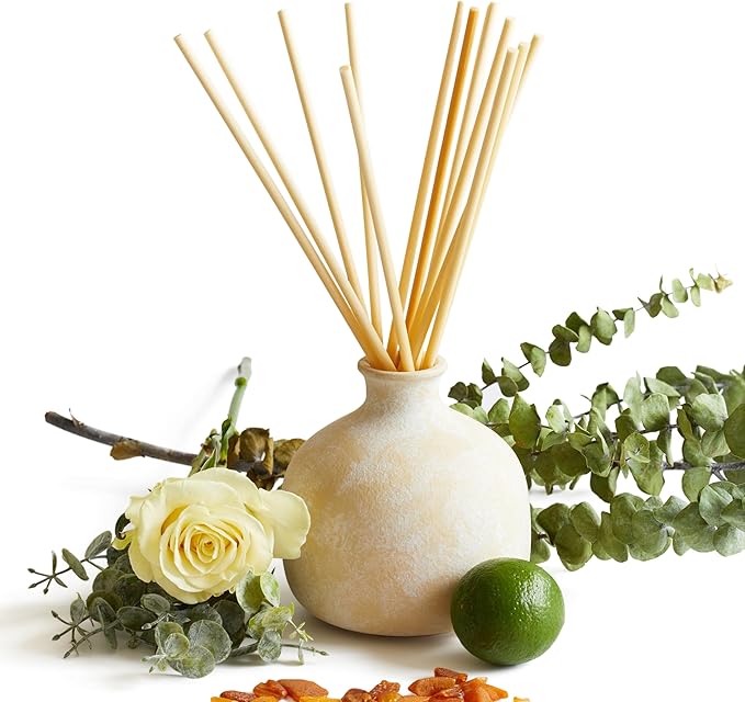 Blueme Focus Diffuser | Eucalyptus & Lime | 16.91 Fl Oz - Refillable Wellness Diffuser, Contains Essential Oil, Sustainable, Hand Finished, Premium, Luxury Ceramic, Natural Rattan Reeds | Large