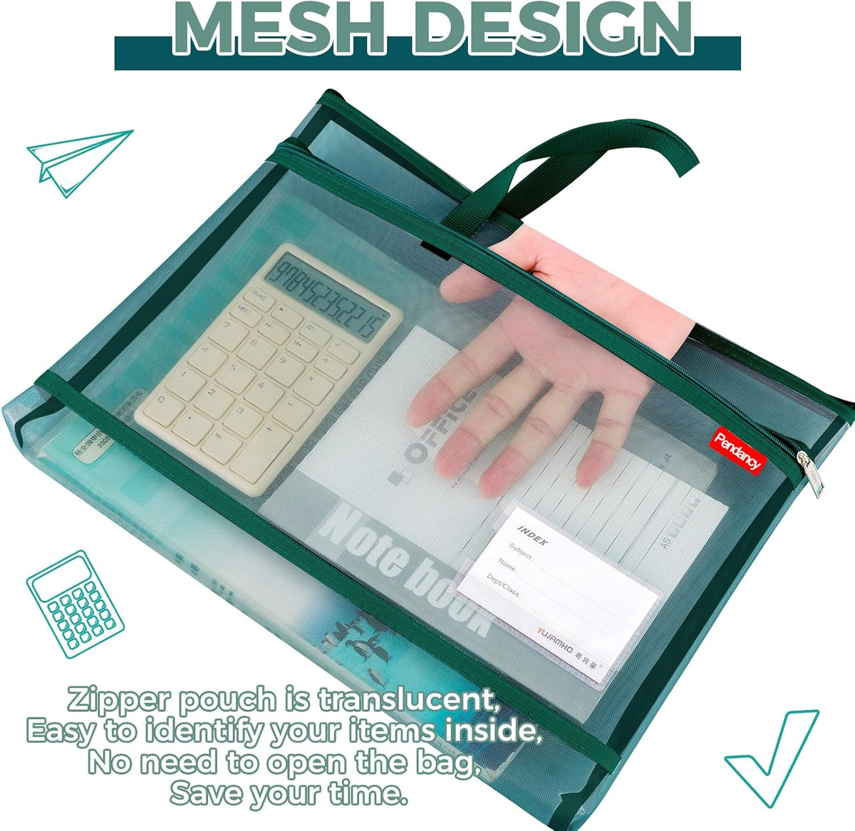 Pendancy Mesh Zipper Pouch A3 Size, Large Double Pocket Lightweight Nylon Transparent File Bag with Handle, 13x17 in Foldable Document Storage for Puzzle Project/Cross Stitch/Travel/Office (Green)