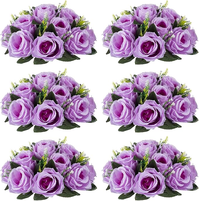 NUPTIO Artificial Flower Centrepieces for Tables - 6 Pcs Lilac Fake Flowers Roses Balls 9.5in Diameter - Silk Faux Rose Arrangement for Wedding Party Centerpiece Table Decor