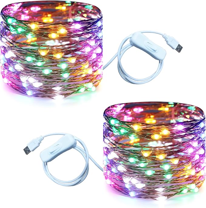 RUICHEN 20 Ft 120 LED USB Fairy String Lights with On/Off Switch, Waterproof Copper Wire Lights for Bedroom Wall Ceiling Wreath Christmas Easter Wedding Party, Multicolor, 2 Pack