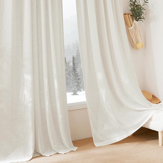 RYB HOME Semi Sheer Curtains, Extra 66 inches Widith Thick Linen Burlap Rod Pocket Machine Washable Privacy Assured for Living Room Bedroom, W 66 x L 84 inches, Linen, 2 Panels
