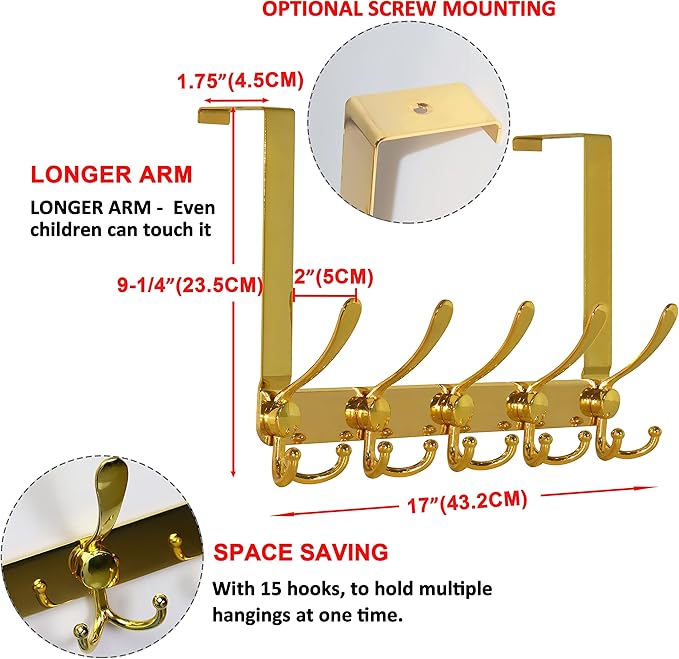 Dseap Over The Door Hook Hanger - Fits 1 3/8" to 1 3/4" Standard Doors | 5 Tri Hooks Heavy Duty Towel/Coat Rack | Door Organizer for Clothes, Jackets, Hats, Towels, Gold, Pack of 2