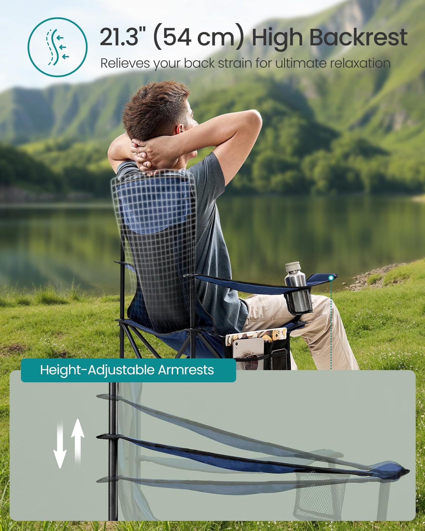 SONGMICS Breathable Camping Chairs, Foldable Outdoor Chairs Set of 2, High Back, Adjustable Armrests, Drink Holder, Weight Capacity 330 lb, for Sports Garden Backyard, Harbor Blue UGCB028Q01
