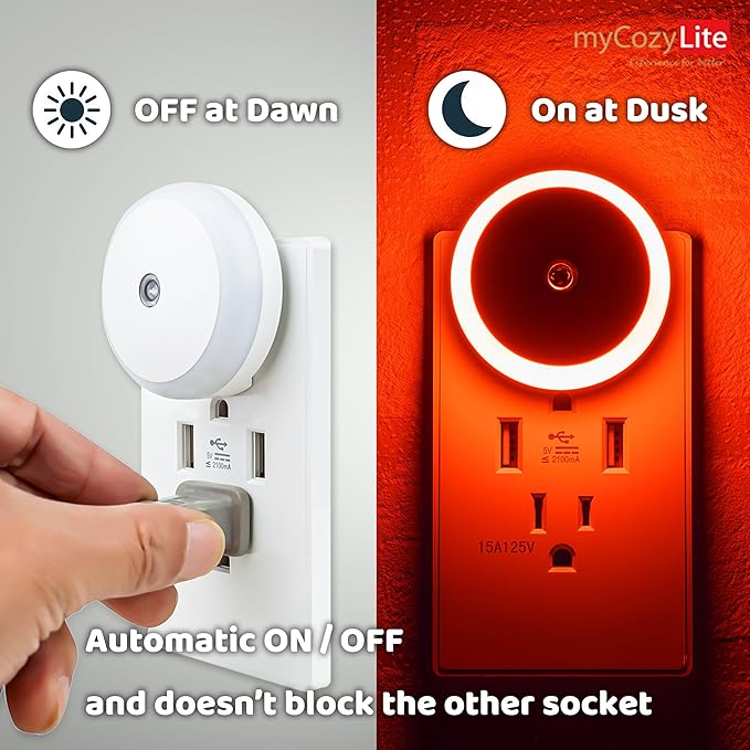 myCozyLite Red Light Night Light, Night Lights Plug into Wall 2 Pack, Dusk to Dawn Sensor, Light for Sleep, Red Nightlight for Bedroom, Bathroom, Kids Room, Nursery, Kitchen, Hallway, Stairway, Round