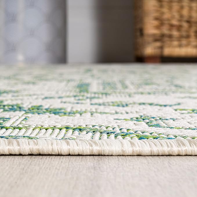 JONATHAN Y SMB105G-9 Estrella Bohemian Medallion Textured Weave Indoor Outdoor Area-Rug, Coastal Traditional Easy-Cleaning,Bedroom,Kitchen,Backyard,Patio,Non Shedding, 9 X 12, Green/Cream