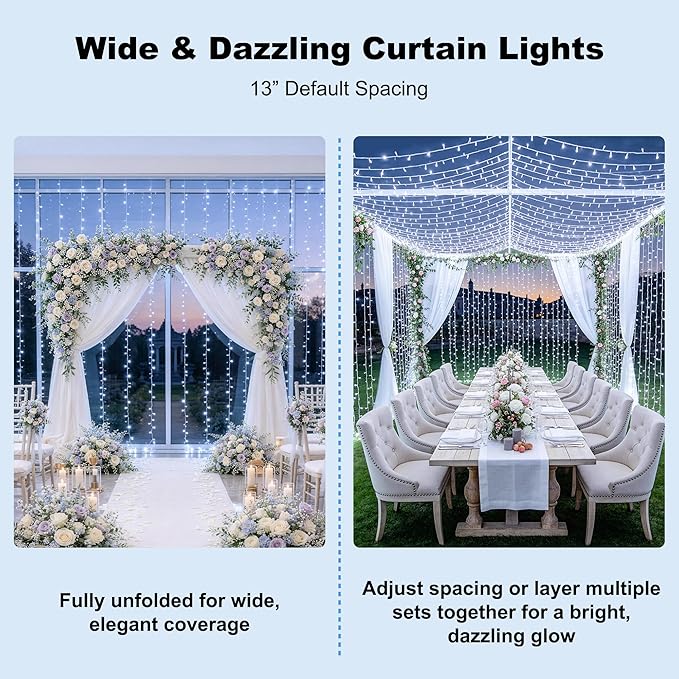JMEXSUSS 9.5x29.5ft Curtain Lights Indoor Outdoor Decor with Remote, 900LED White Christmas Lights Plug in, Hanging String Lights for Bedroom, Wall, Window, Patio, Garden, Wedding, Reception, Backdrop