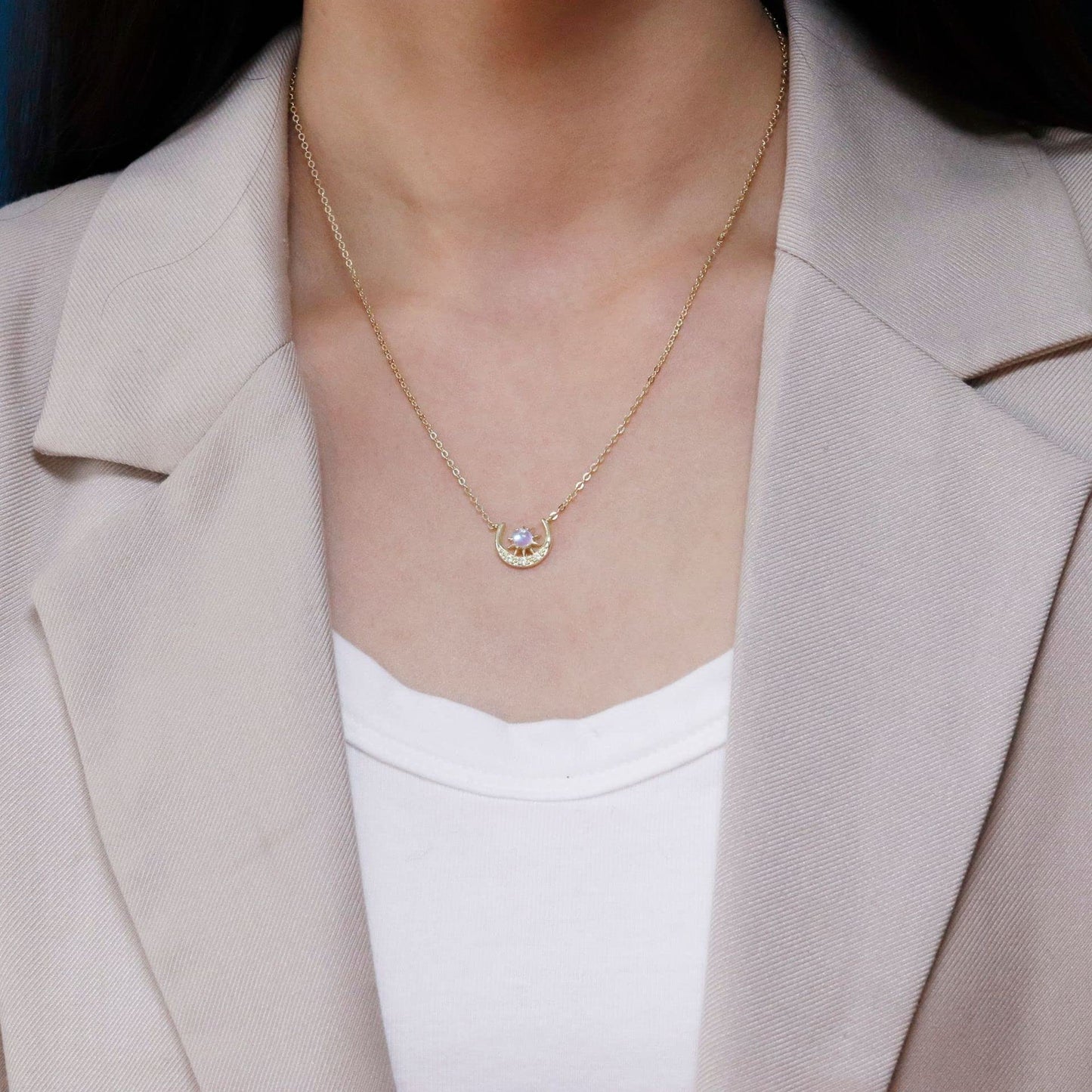 SLOONG 925 Sterling Silver Blue Sandstone Moon Star Phase Necklace 18K Gold Plated Necklace Birthday Gift for Women Girlfriend