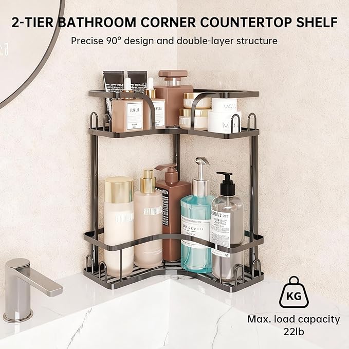 2-Tier Corner Bathroom Counter Organizer, Space Saving Black Vanity Countertop Shelf for Toiletries, Skincare & Makeup, Sturdy Stainless Steel Standing Rack for Bathroom Storage & Kitchen Spices