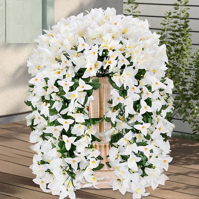 Artificial Bougainvillea Flowers for Outdoor Plant,2 pcs Faux Hanging Flowers Bougainvillea for Outside Decoration,Fake Silk UV Resistant Vines for Front Door Porch(White)