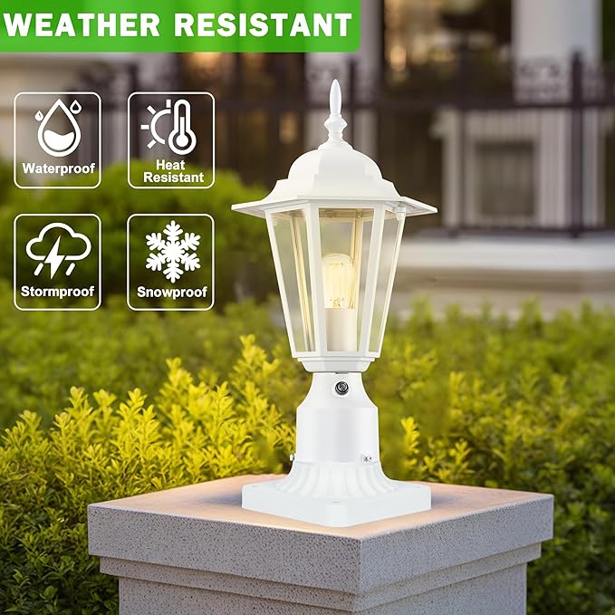 Dusk to Dawn Outdoor Post Light, Pole Lantern, Waterproof Die-Cast Aluminum Pole Light Fixture with Glass, Exterior Post Lamp for Garden Yard Patio Pathway, Matte White, 2-Pack